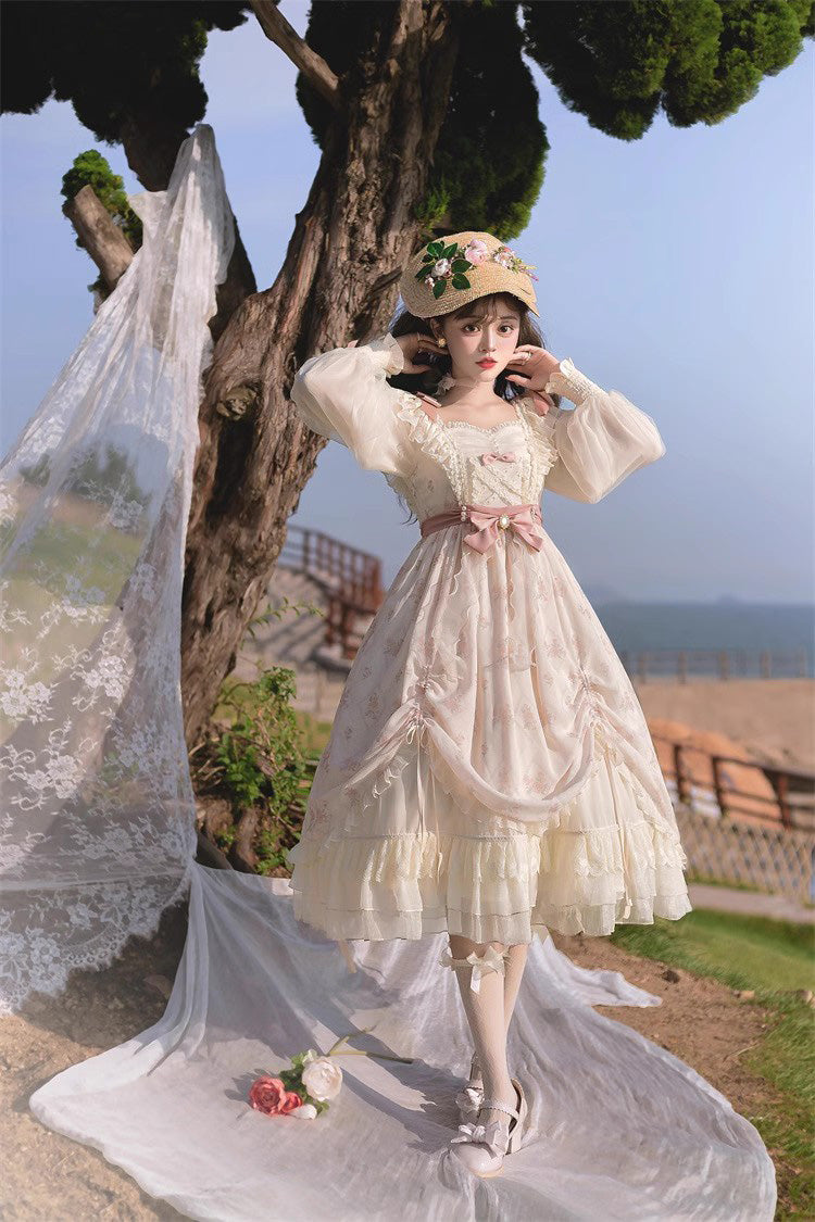 Ivory Letter Print Ruffle Bowknot Casual Elegant Lolita Dress