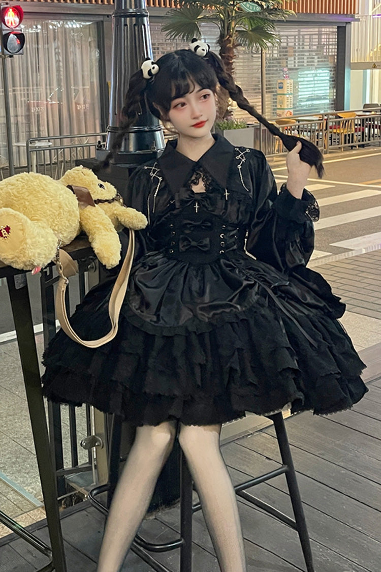 Jet Multi-Layered Bow Lace JSK Dress - Cross of Merit
