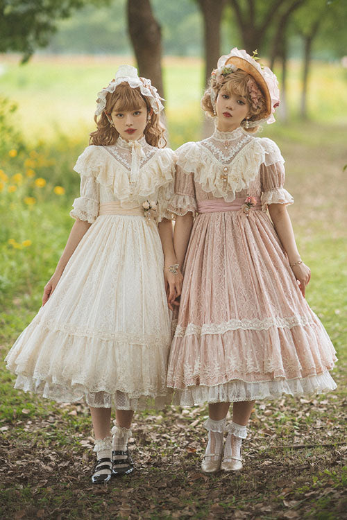 Rose Print Lolita OP Dress with Multi-Layer Ruffles, Sweet Style