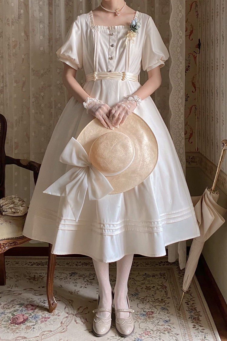 Apricot Classic Vintage Lolita Dress with Square Collar Short Sleeves and Ruffle Trim