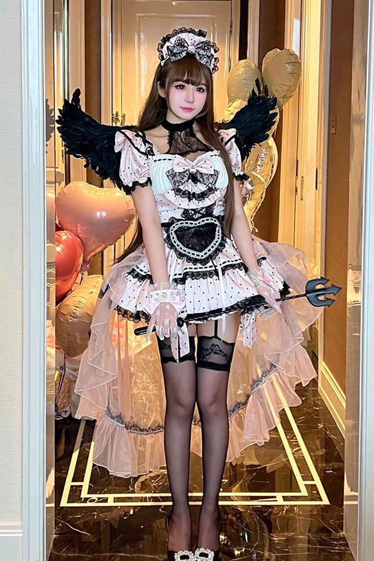 Pink Halterneck Short Sleeve Print Ruffle Bow Maid Dress