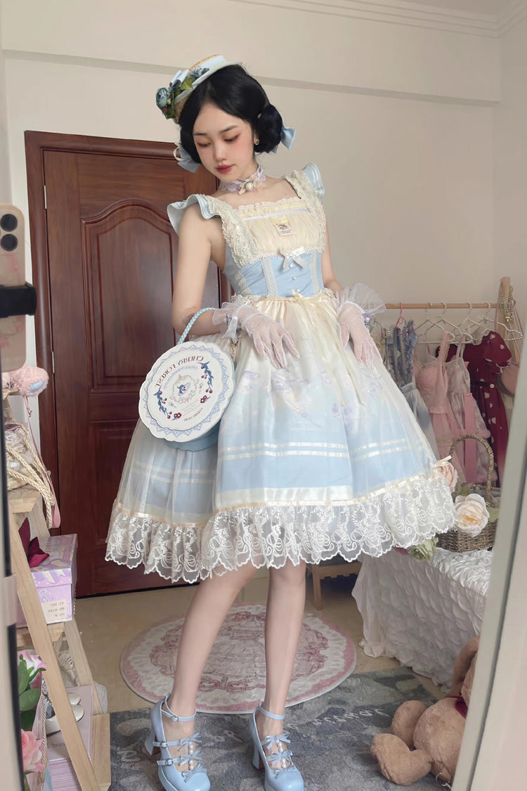 Ballet Rabbit Print JSK Dress with Doll Design, Sweet Lolita
