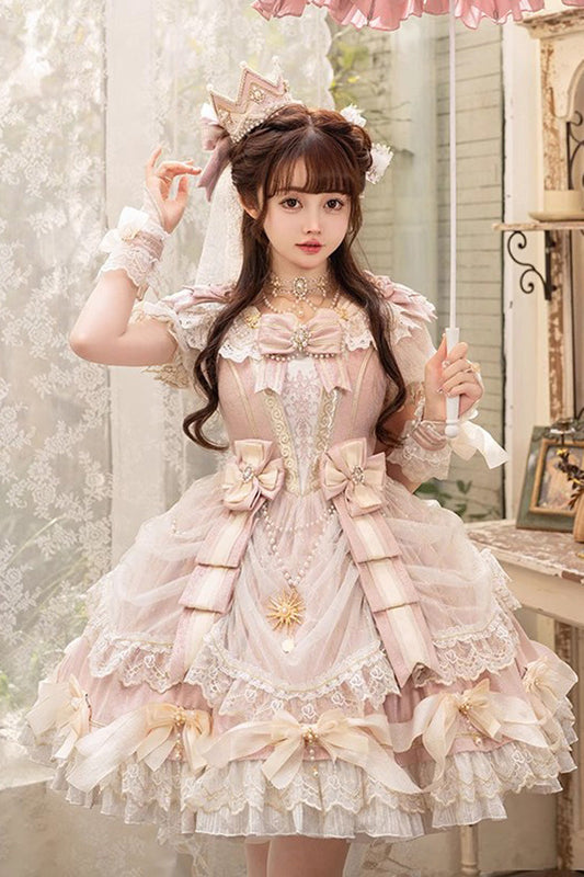 Sweet Lace Dress with Multi-Layer Ruffle in Pink