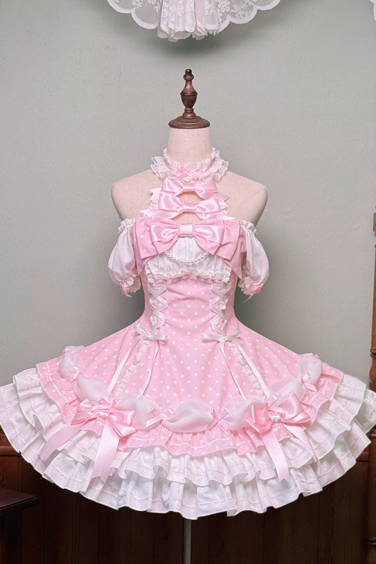 Pink Halter Polka Dot Bow Lace-Up Lolita Gown