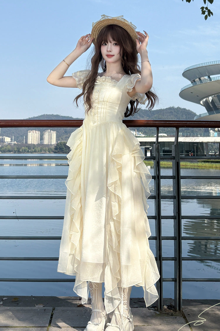 Apricot Sweet Lolita Dress with Square Collar Short Sleeves and Ruffle Trim Accents