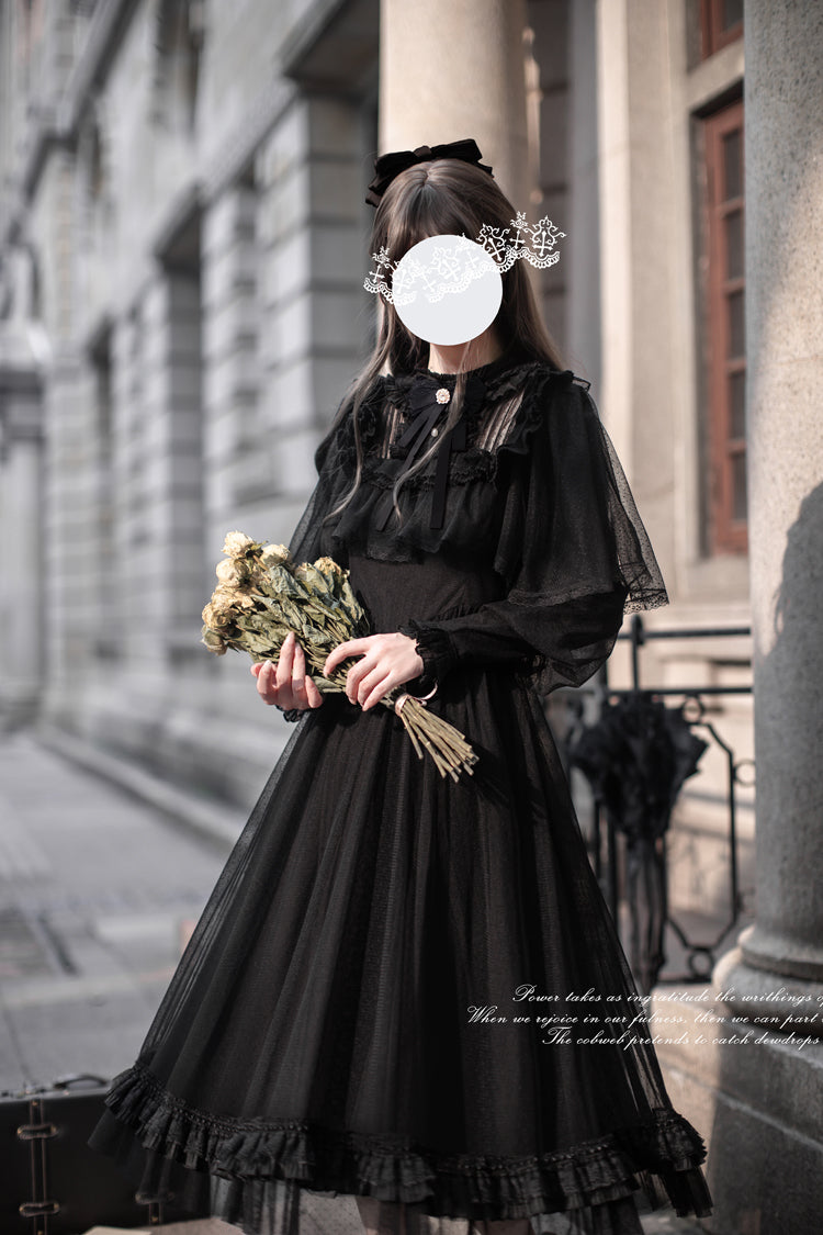 Midnight Lace-Sleeved Bow Detail Elegant Gown - Enchanted Nightdream