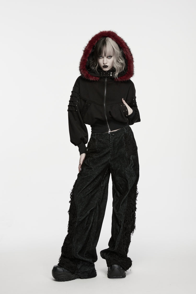 Ripped Pleated Wide-Leg Punk Trousers for Women