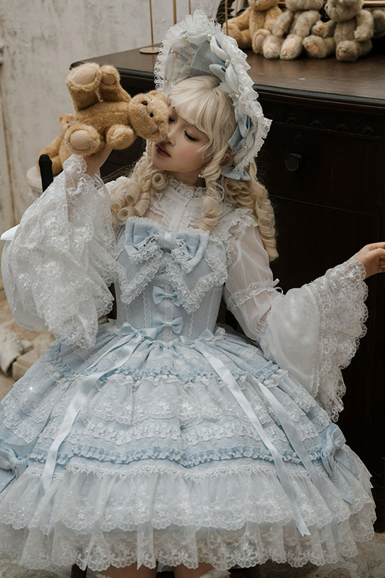 Blue Sleeveless Ruffled Bow Lace Sweet Lolita JSK - Reinas