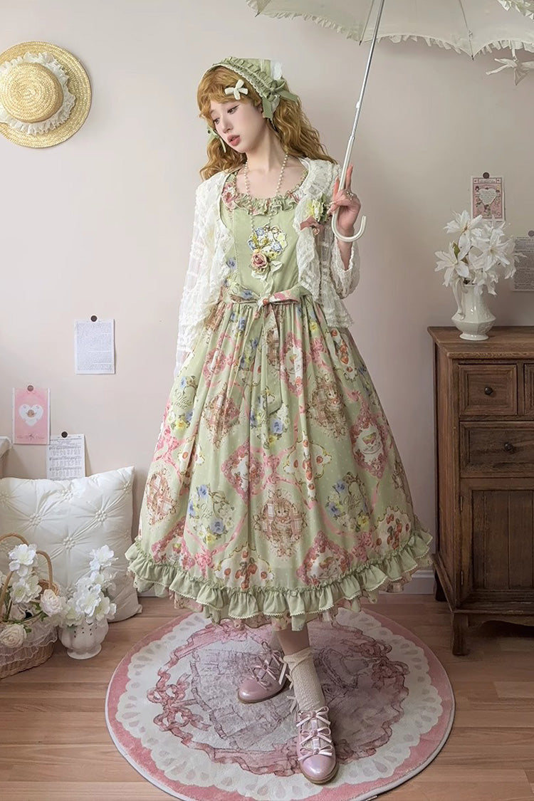Green Sleeveless Print Ruffle Bowknot Sweet JSK Dress