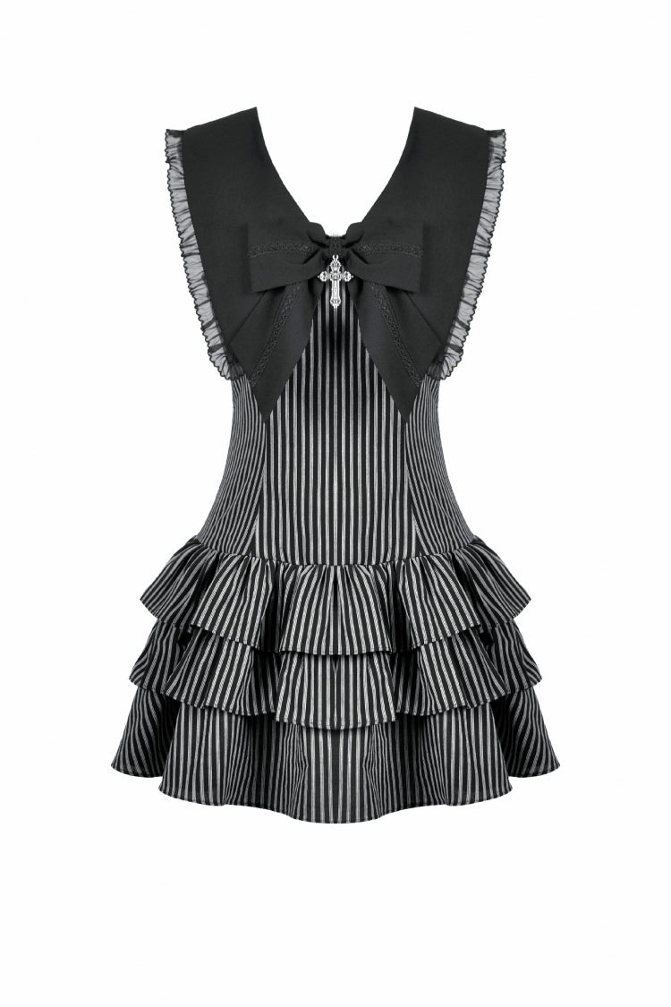 Bow Lace-Up Pinstripe Layered Sleeveless Dress - Gothic