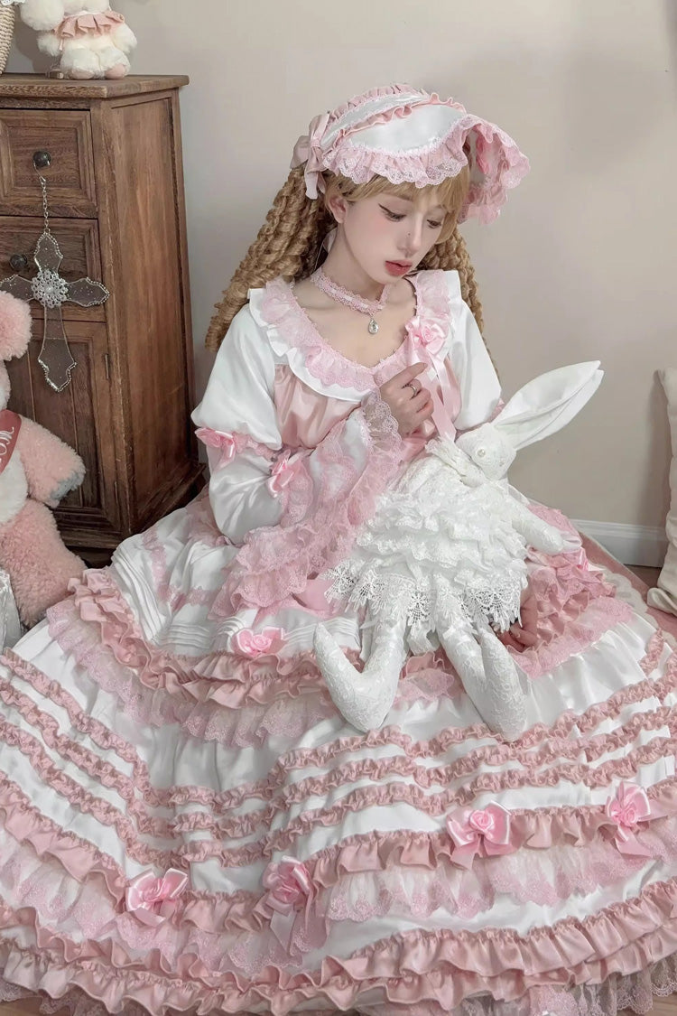 Ivory and Pink Peach Ice Short Sleeve Ruffled Ribbon Lace Sweet Lolita Dress