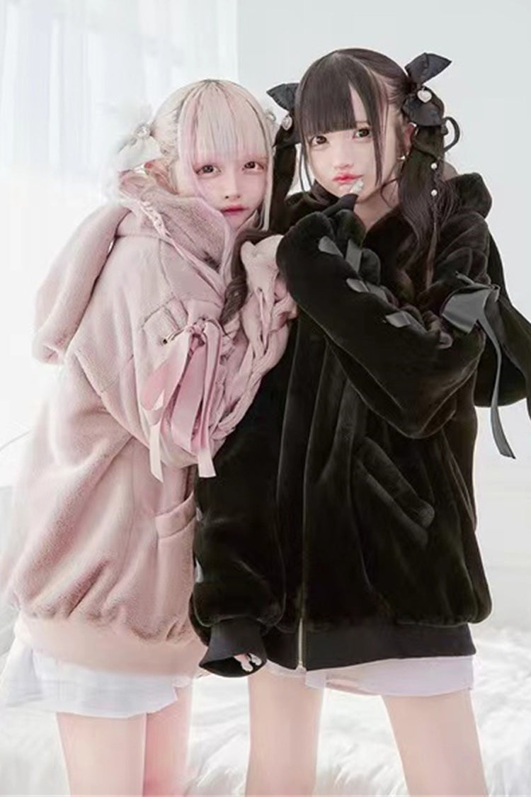 Black Rabbit Ears Bowknot Lace-Up Hooded Jirai Kei Coat