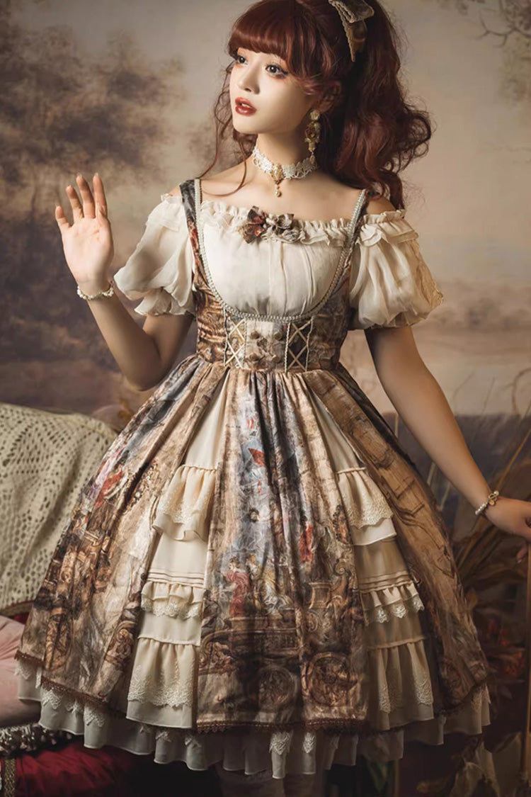 Oil Painting Bowknot Lace Elegant Palace JSK in Brown