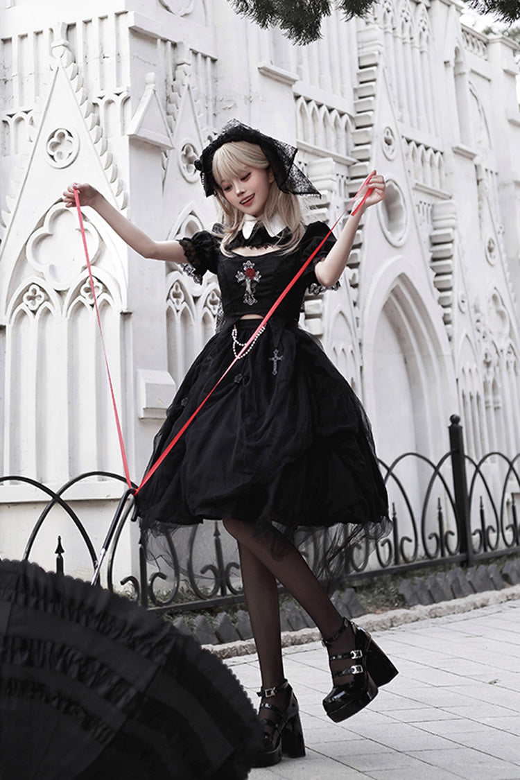 Embroidered Cutout Lolita Dress Set with Short Sleeves in Black