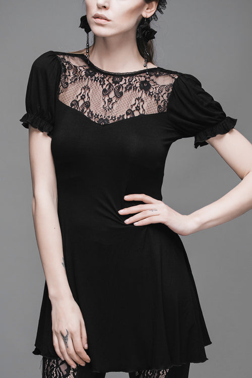 Lace Neck Short Sleeve Mid-Length Gothic Women's Tee