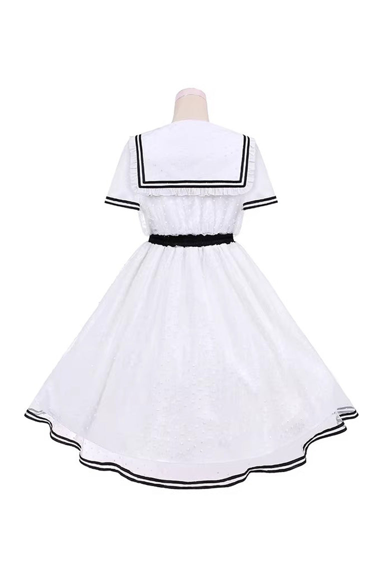Ivory Navy Collar Ruffled Sailor Dress with Lace-Up - Seaside Sweetheart
