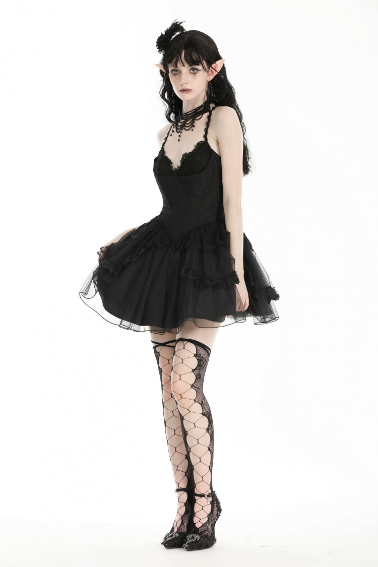 Lace Trimmed Lace-Up Gothic Party Slip Dress with V-Neck