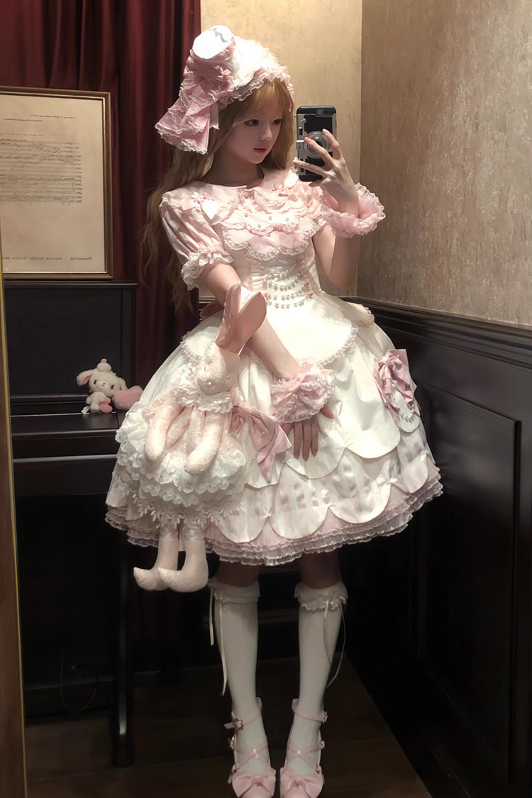 Pale Pink & White Sleeveless Multi-Layer Ruffled Bow Lace Pearl Sweet Lolita JSK