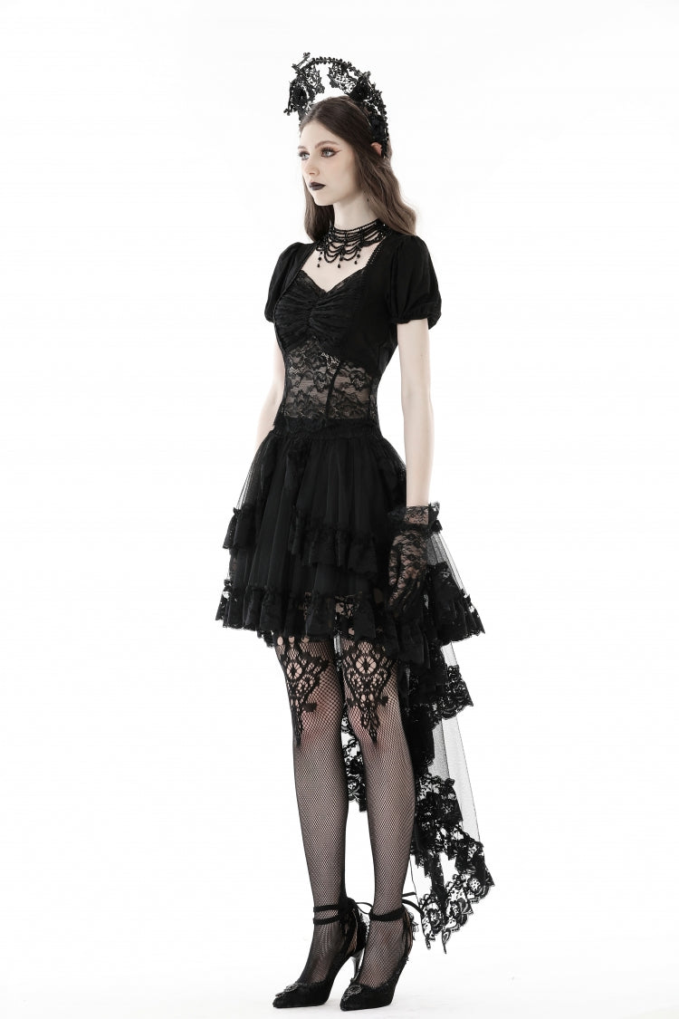 Gothic Swallow Tail Skirt with Irregular Lace Ruffles, Black