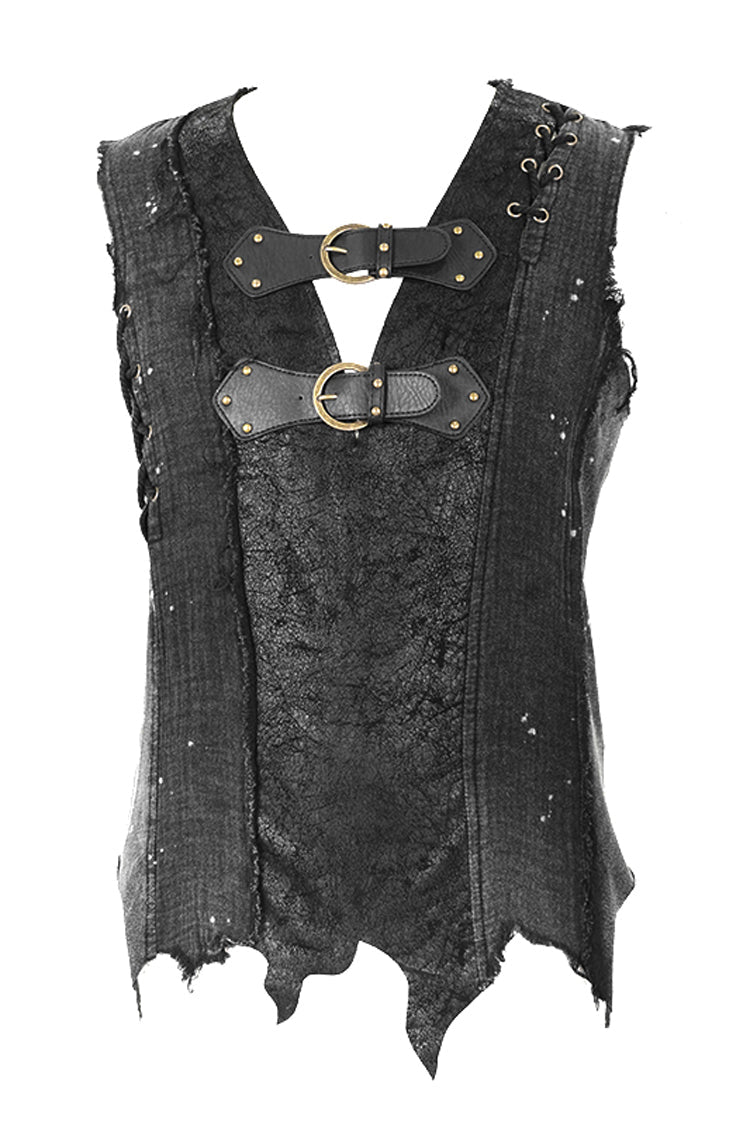 Sleeveless Buckle-Strap Punk Vest with Ripped Details