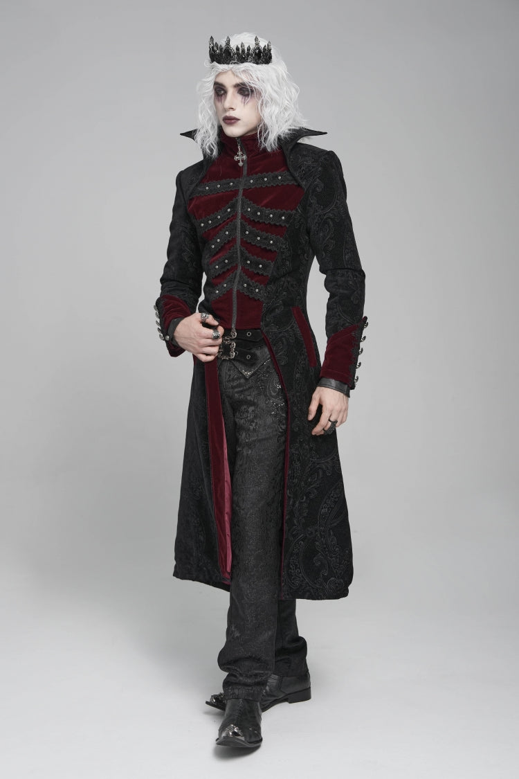 Noir & Red Crystal-Trimmed Printed Zip Gothic Overcoat