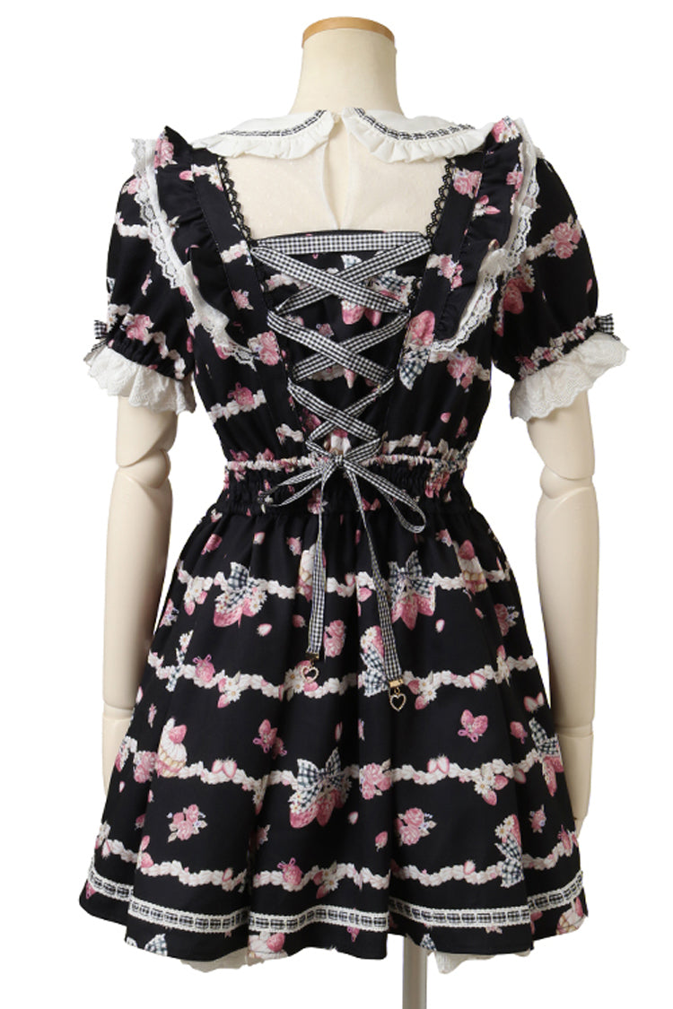Charcoal Printed Puff-Sleeve Ruffled Lace-Up Sweet Dress - Creamy Berry