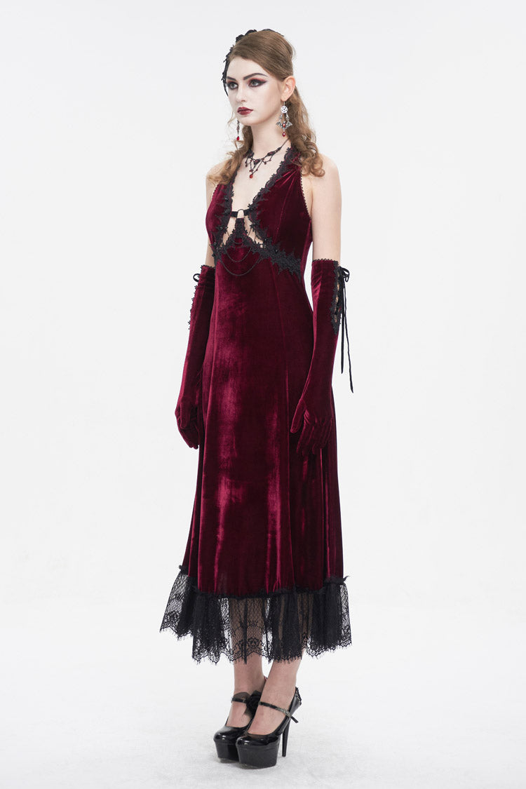 Crimson Lace-Up Hem Slip Gothic Dress