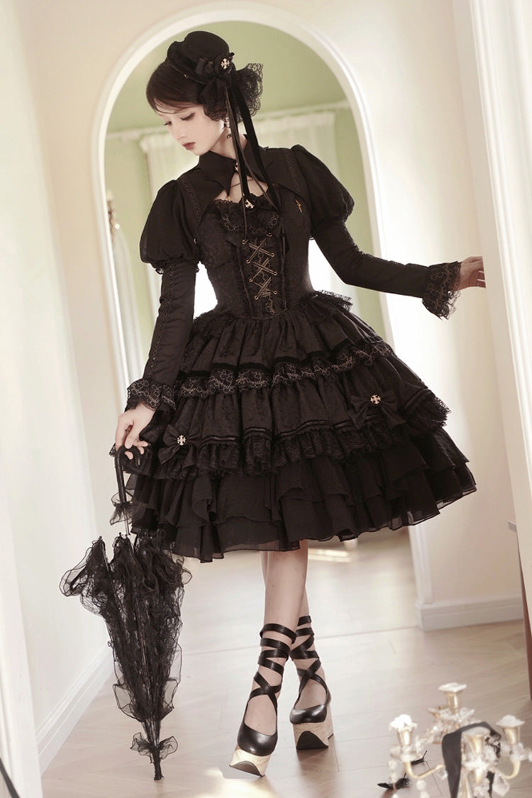 Black Gothic Ballet Lolita JSK Double Layered Lace Ruffled