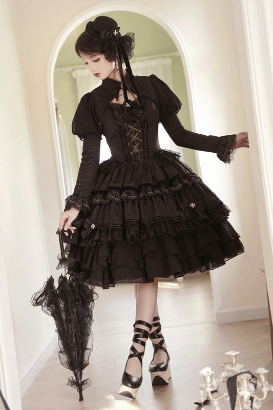 Gothic Ballet Lolita JSK Dress with Double-Layered Ruffles & Lace