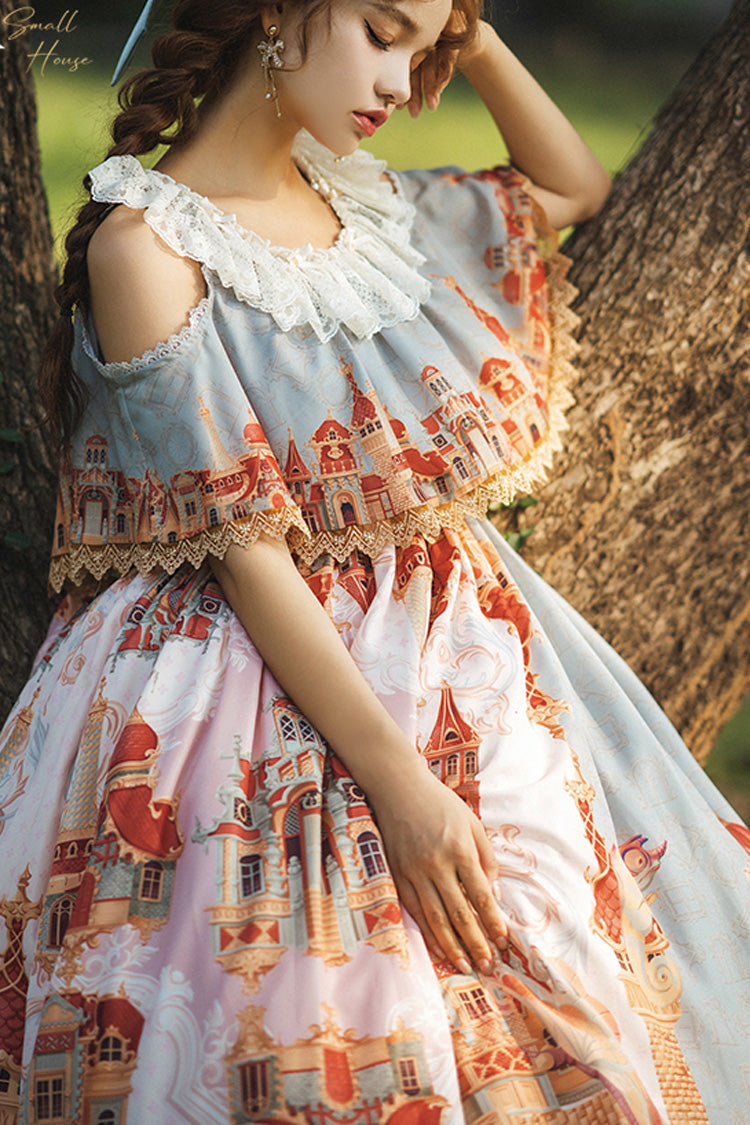 Multi-Color Oil Painting Printed Sweet Lolita Dress - Off Shoulder Short Sleeved