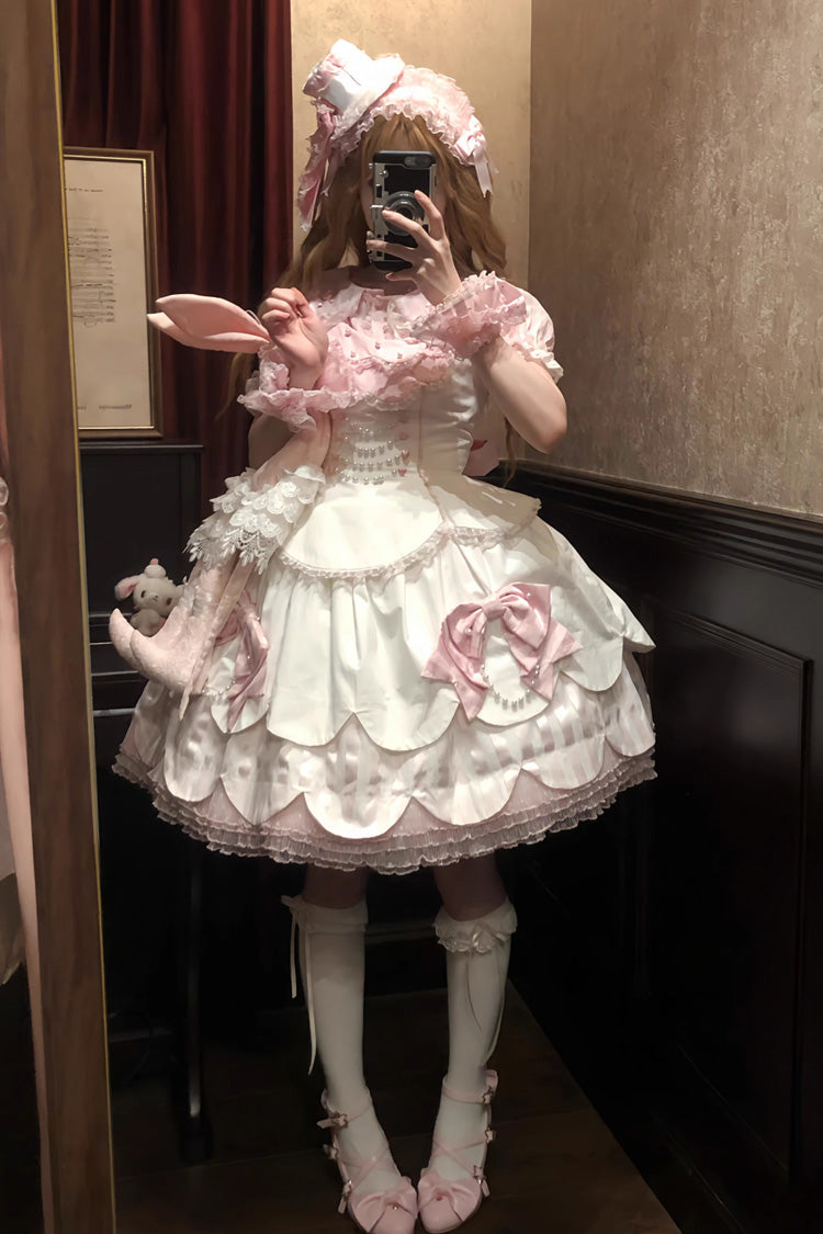 Pale Pink & White Sleeveless Multi-Layer Ruffled Bow Lace Pearl Sweet Lolita JSK