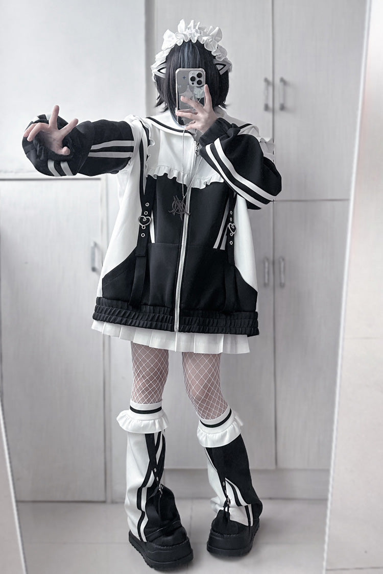 Ruffle Color Block Zip Up Jirai Coat with Long Sleeves in Three Variants