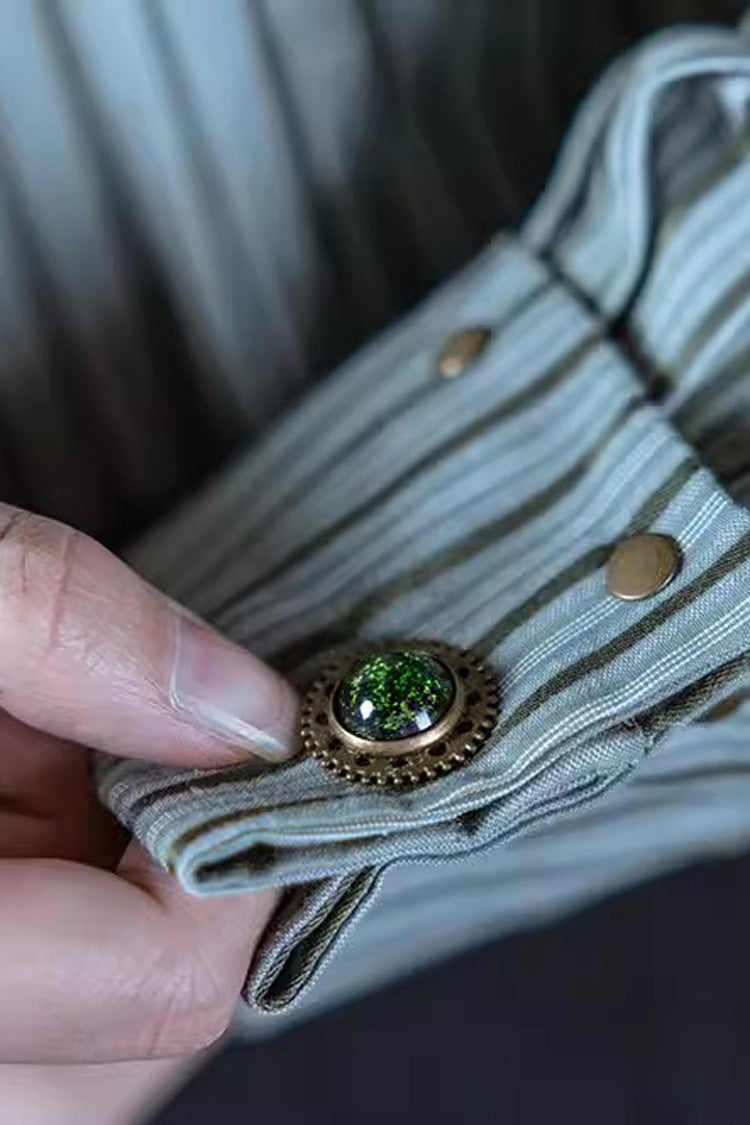 Emerald Striped Slim-Fit Ouji Prince Blouse with Studded Long Sleeves