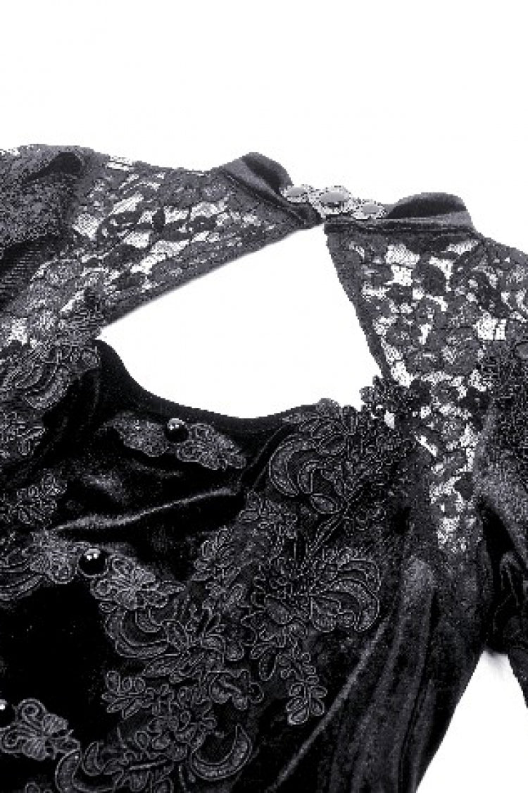 Jet-Black Gothic Evening Dress with Cutout Lace and Velvet Corset