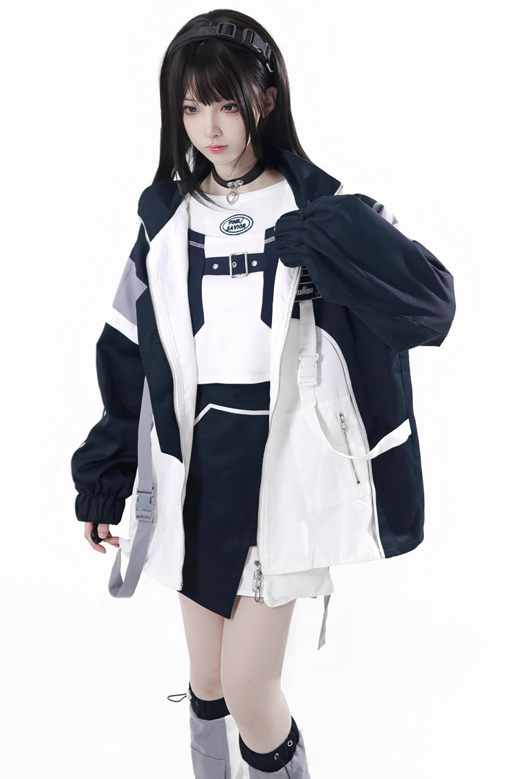 Blue/White Message Overload Techwear Long Sleeves Embroidered Asymmetric Jirai Kei Coat & Skirt Set