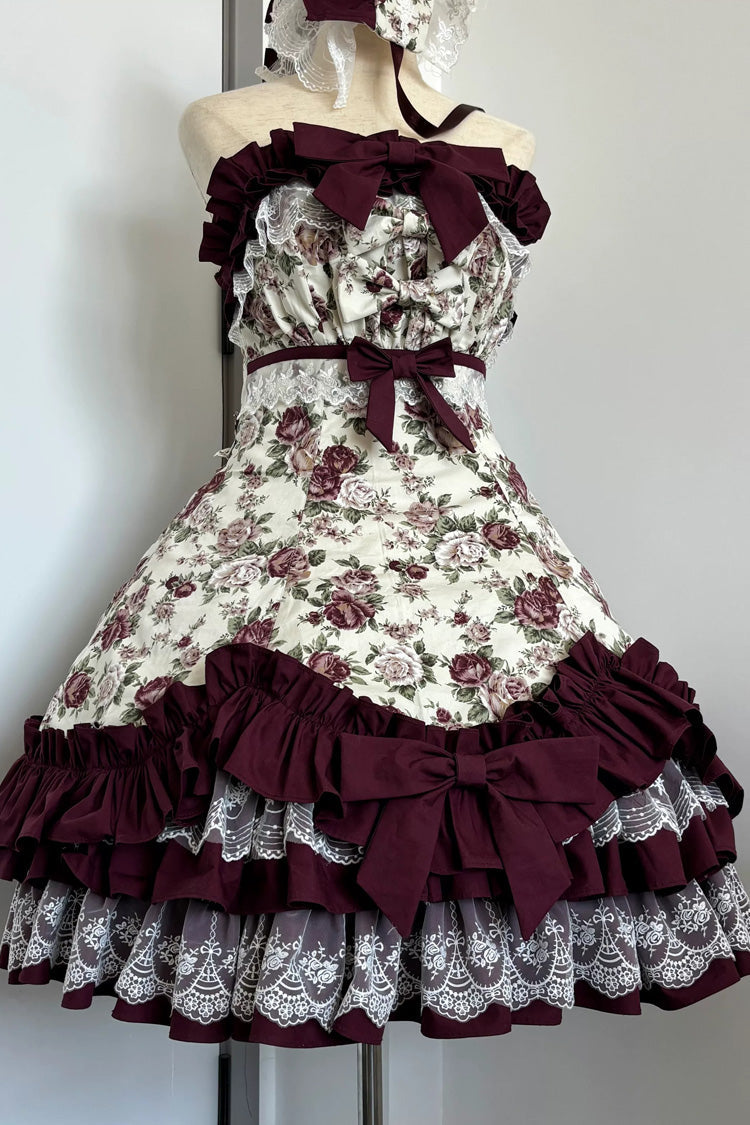 Burgundy Off-Shoulder JSK Dress with Ruffled Lace