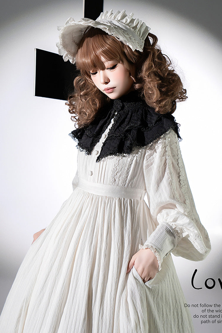 Ivory Long Sleeve Jacquard Gothic Dress with Bows - Quiet Place