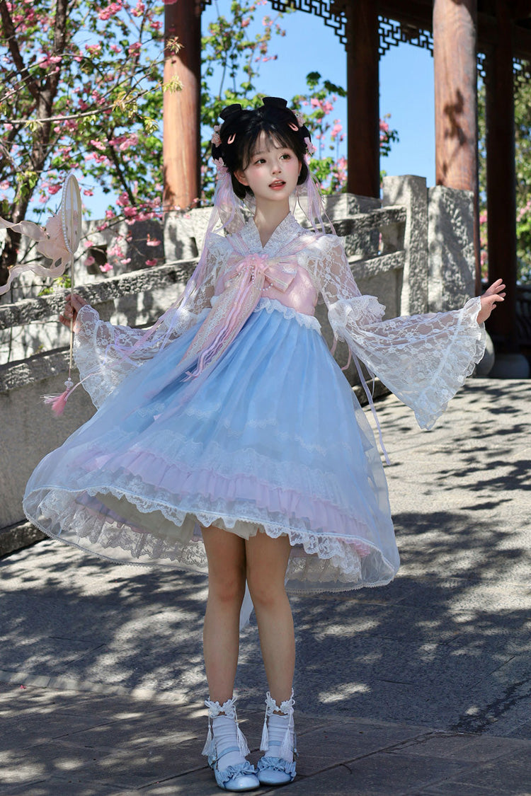 Peach Blossoms in Spring Fields Sweet Chinese Lolita JSK with Ruffles