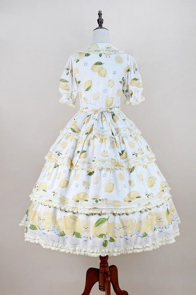 Ivory Triple-Layered Print Ruffle Bow Lace Gorgeous Dress