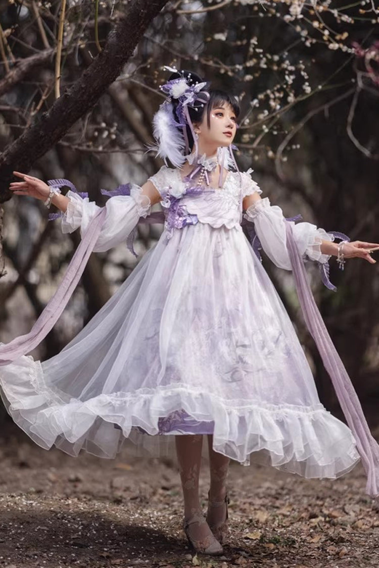 Ivory and Purple Square Neck High-Waist Printed Ruffled Lace Pearl-Trimmed Sweet Chinese Lolita JSK