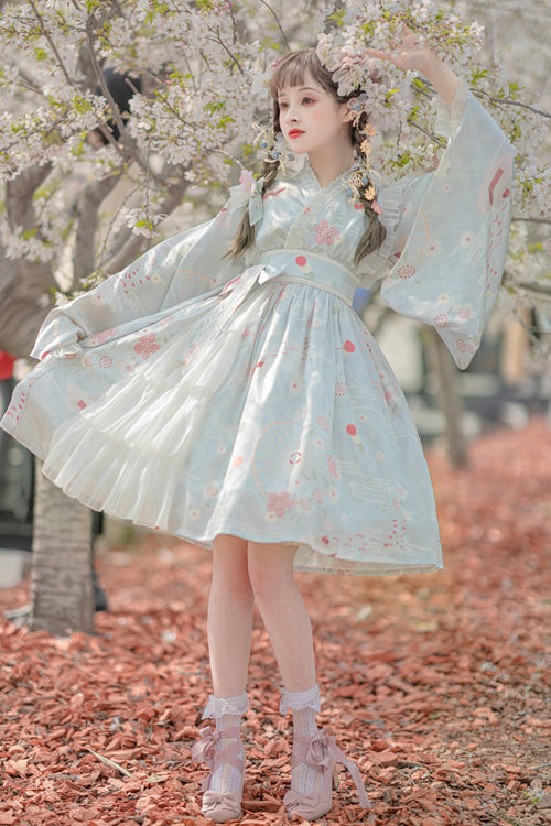 Cherry Blossom Print Trumpet Sleeve Ruffled Lace Sweet Lolita OP Dress