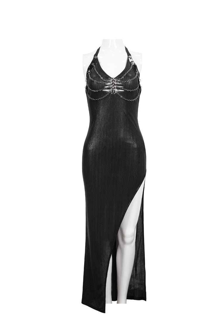 Punk Dress with Cutout Chain Halter Lace High Slit Long