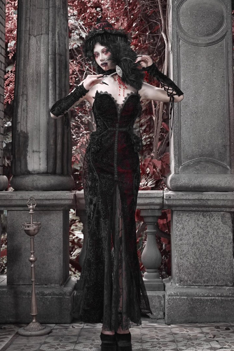 Black/Red High-Waisted Embroidered Lace Sleeveless Ruffle Gothic Fishtail Dress - Scarlet Blood Peak
