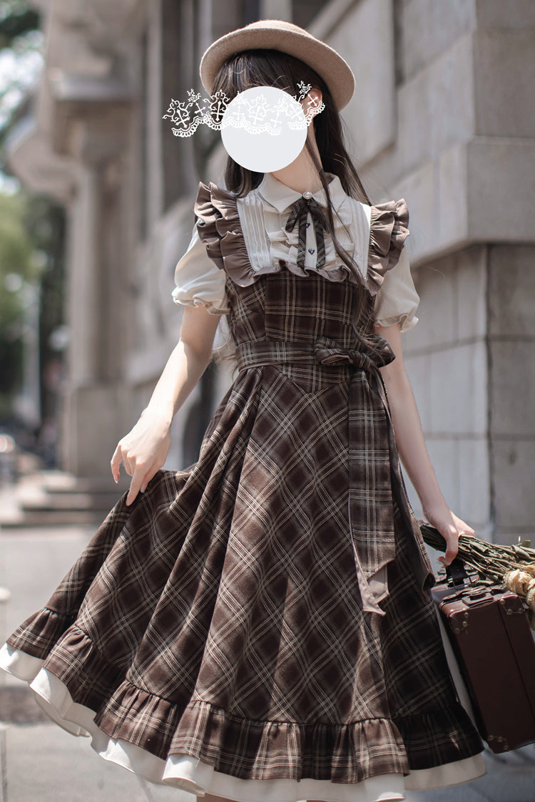 Brown Thames at Dusk Print Dress with Ruffled Bow and Short Sleeves