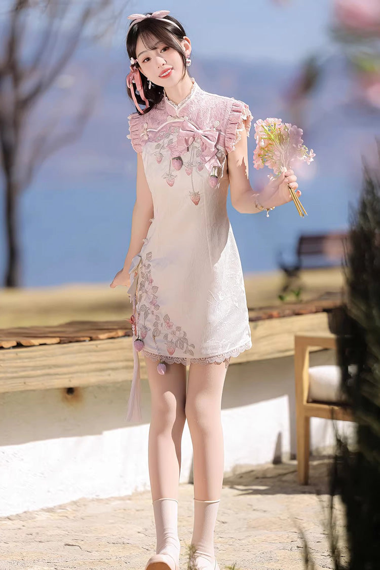 Ivory and Pink Spring Strawberry Stand Collar Ruffled Embroidered Lace Color-Blocked Chinese Sweet Lolita Cheongsam