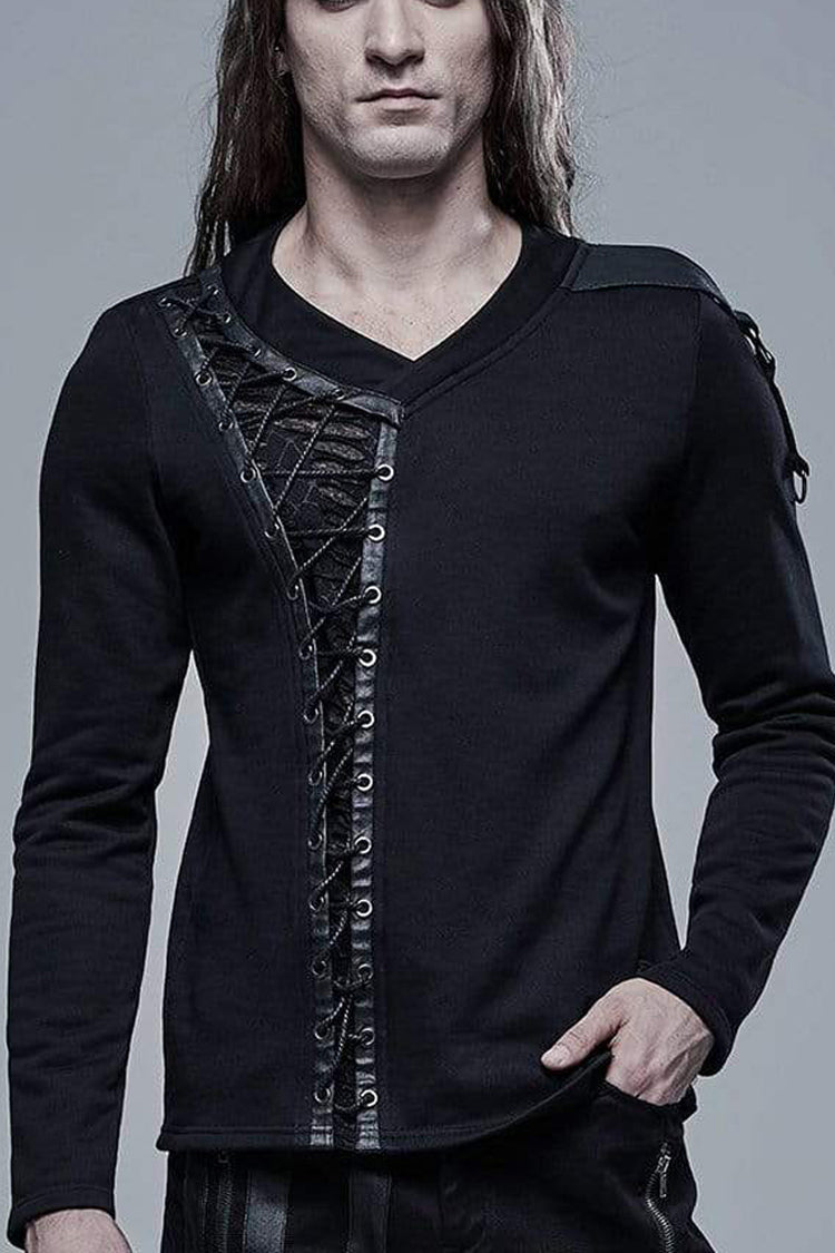 Jet-Black Knit Tee with Faux Leather Lacing and Split Front for Men