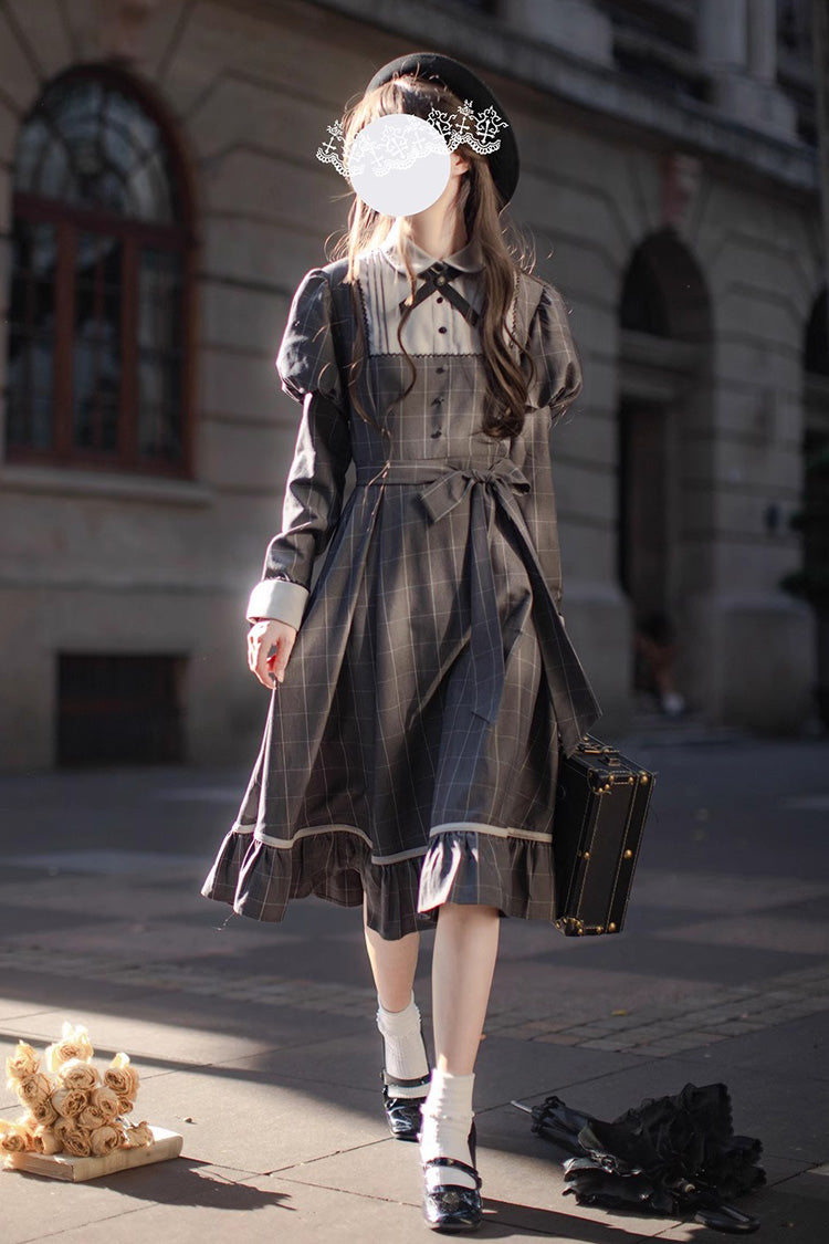 Grey Plaid Print Bow Classic Vintage College Dress