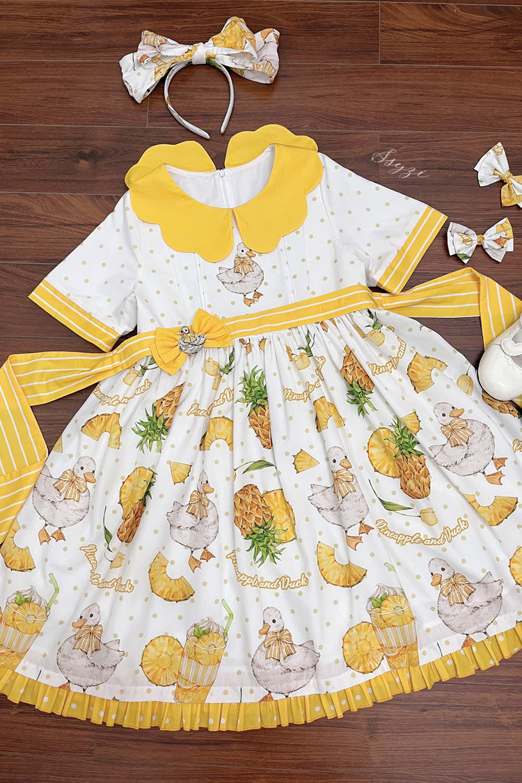 Ivory and Yellow Short Sleeve Duck Print Ribbon Sweet Lolita One-Piece
