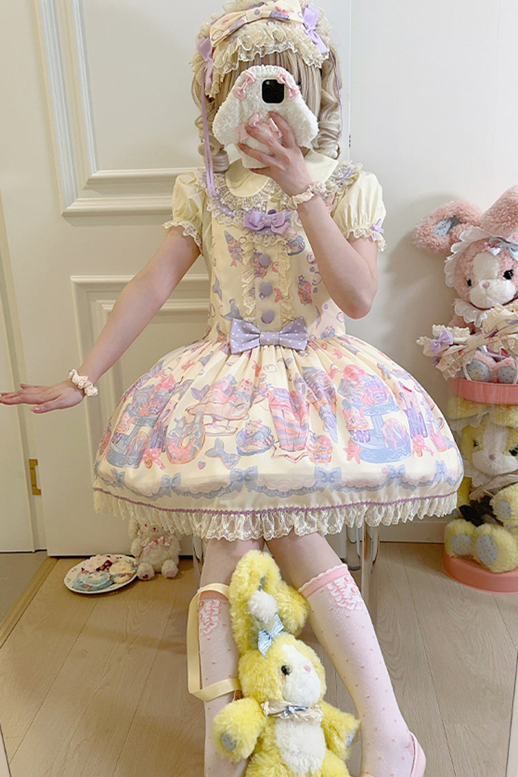 Cream Soda Mermaid Print Yellow Bow Lace Sweet Lolita Strap Dress