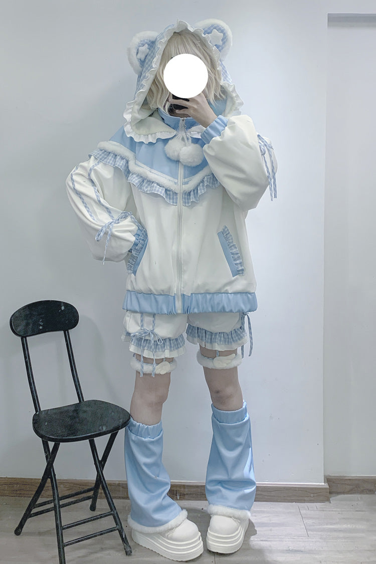 Ivory and Blue Star Bear Motif Hooded Ruffle Sports Jacket